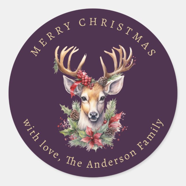 Reindeer Holly Berries Watercolor Purple Christmas Classic Round Sticker (Front)