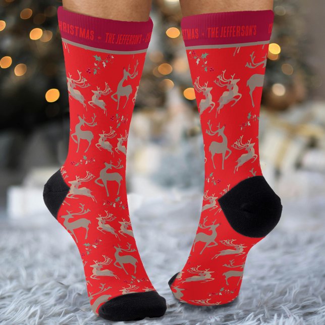 Reindeer holly bright red brown custom Christmas Socks (Creator Uploaded)