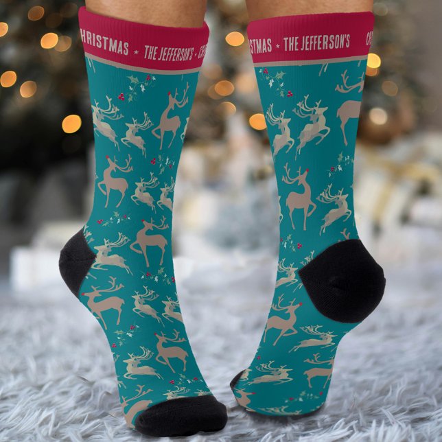 Reindeer holly green brown red custom christmas socks (Creator Uploaded)