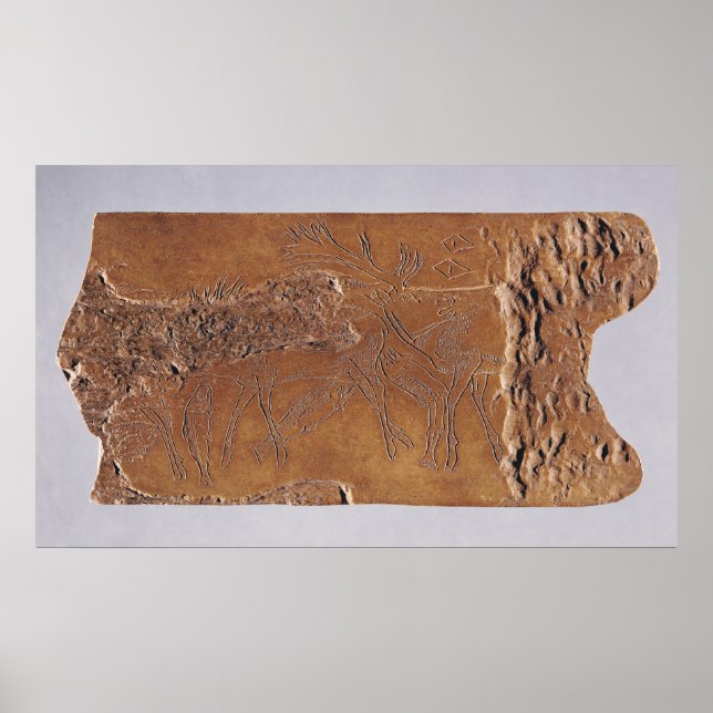 Reindeer horn carved with deer and leaping poster (Front)