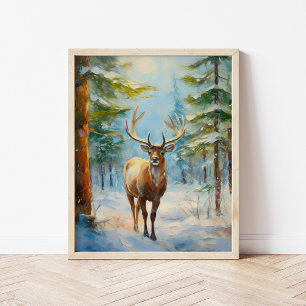 Reindeer in a Winter Forest Modern Art Poster