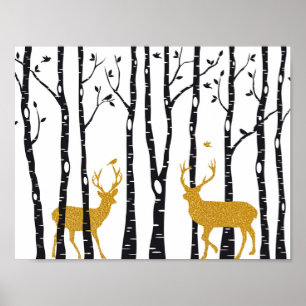 Reindeer in birch tree forest poster