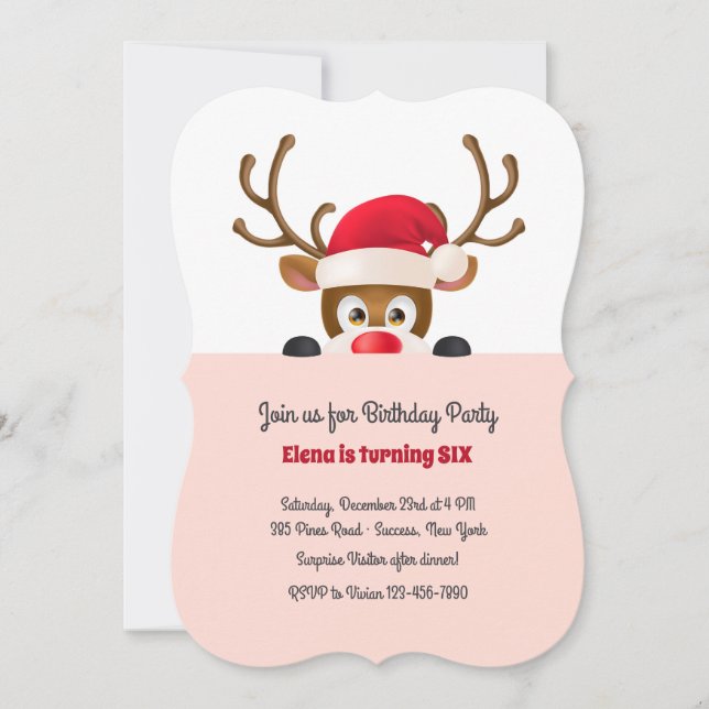 Reindeer in Santa Cap Pink Invitation (Front)