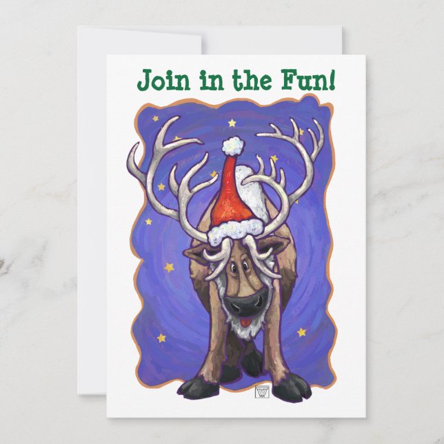 Reindeer in Santa Hat Holiday Party Invite (Front)