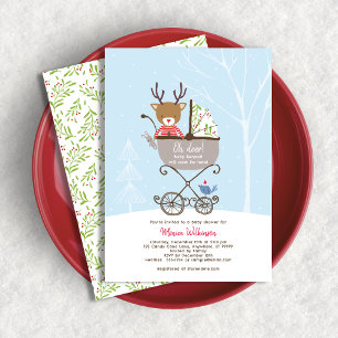 Reindeer in Stroller Winter Holiday Baby Shower Invitation