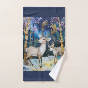 Reindeer in the forest painting hand towel