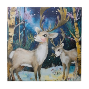 Reindeer in the forest painting tile