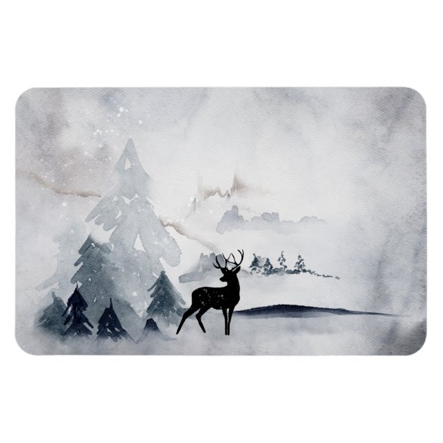 Reindeer in the Wild Gray Watercolor Christmas Magnet (Horizontal)
