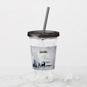 Reindeer in the Wild Grey Watercolor Christmas Acrylic Tumbler