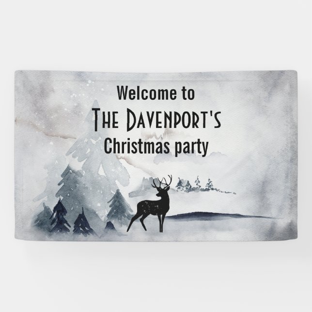 Reindeer in the Wild Grey Watercolor Christmas Banner (Horizontal)