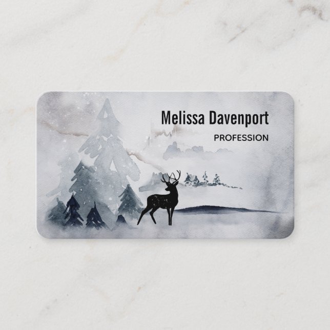 Reindeer in the Wild Grey Watercolor Christmas Business Card (Front)