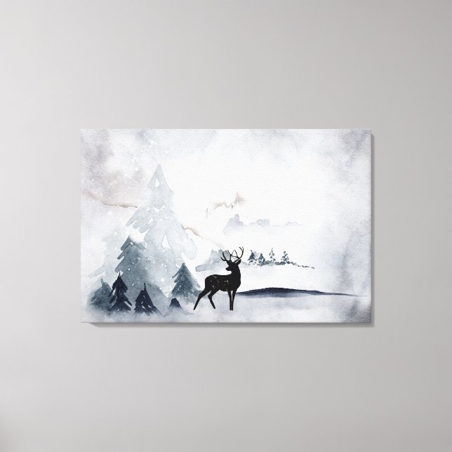 Reindeer in the Wild Grey Watercolor Christmas Canvas Print (Front)