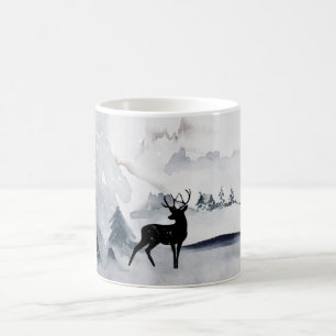 Reindeer in the Wild Grey Watercolor Christmas Coffee Mug