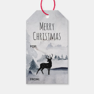 Reindeer in the Wild Grey Watercolor Christmas Gif Gift Tags