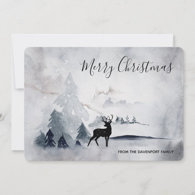 Reindeer in the Wild Grey Watercolor Christmas Holiday Card (Front)