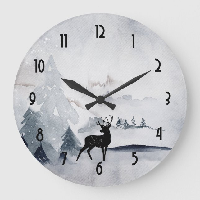 Reindeer in the Wild Grey Watercolor Christmas Large Clock (Front)