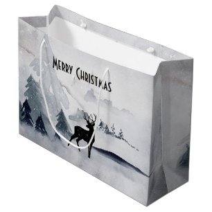 Reindeer in the Wild Grey Watercolor Christmas Large Gift Bag