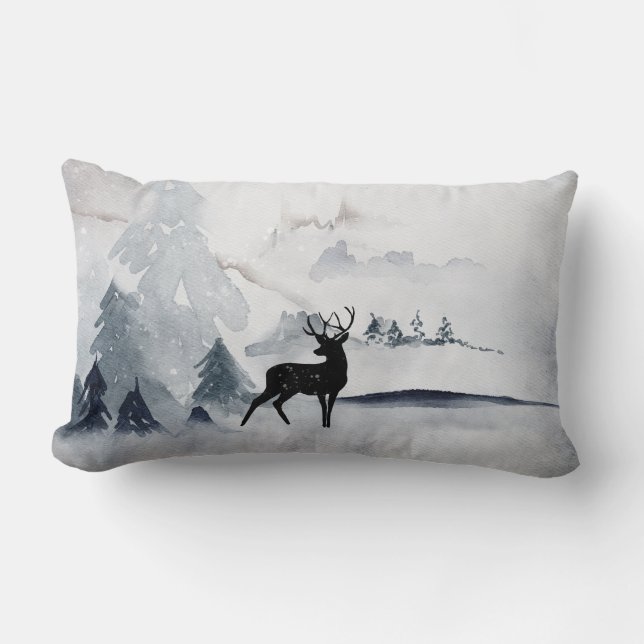 Reindeer in the Wild Grey Watercolor Christmas Lumbar Cushion (Front)