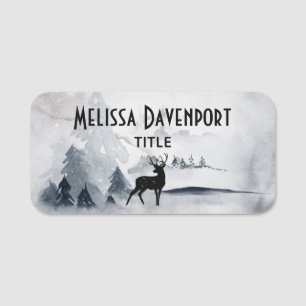 Reindeer in the Wild Grey Watercolor Christmas Name Tag