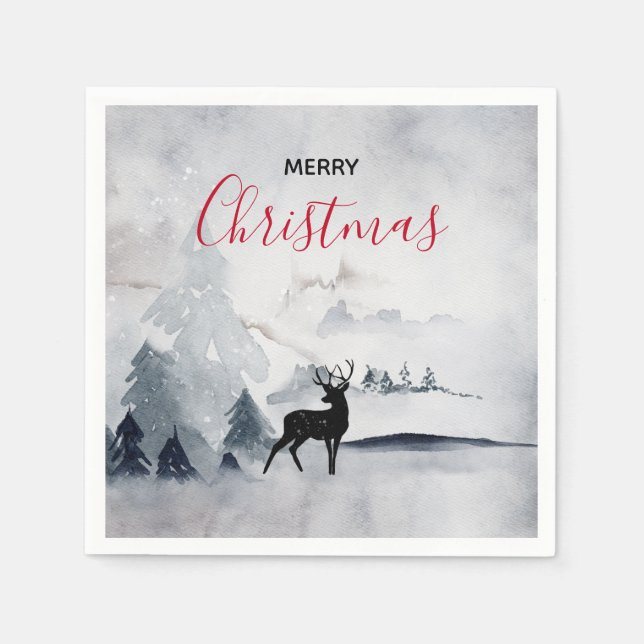 Reindeer in the Wild Grey Watercolor Christmas Napkin (Front)