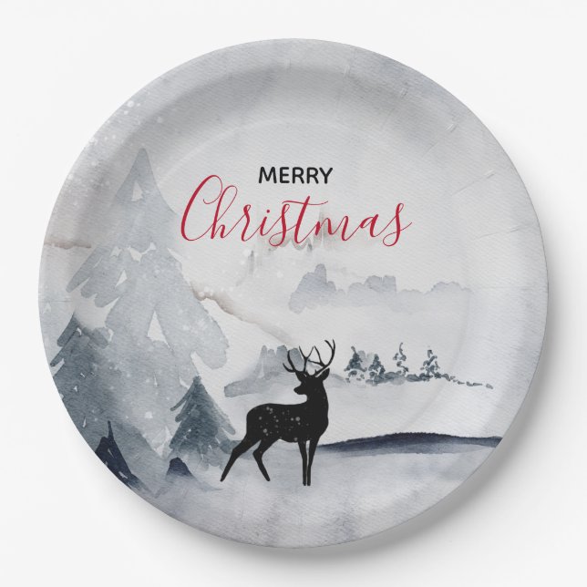 Reindeer in the Wild Grey Watercolor Christmas Paper Plate (Front)