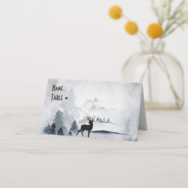 Reindeer in the Wild Grey Watercolor Christmas Place Card (Front)