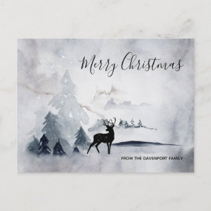 Reindeer in the Wild Grey Watercolor Christmas Postcard
