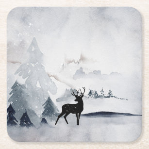 Reindeer in the Wild Grey Watercolor Christmas Square Paper Coaster