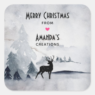 Reindeer in the Wild Grey Watercolor Christmas Square Sticker
