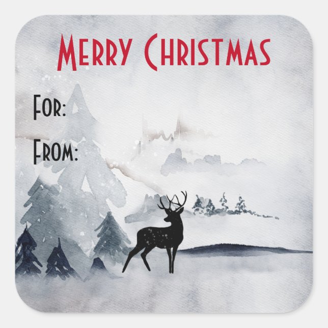  Reindeer in the Wild Grey Watercolor Christmas Square Sticker (Front)