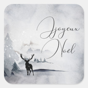 Reindeer in the Wild Grey Watercolor Christmas Square Sticker