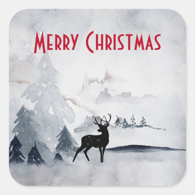 Reindeer in the Wild Grey Watercolor Christmas Square Sticker (Front)
