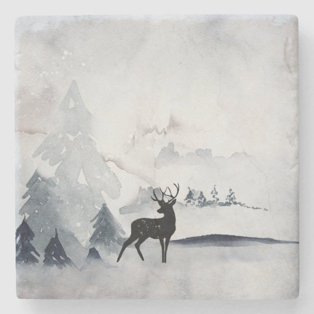 Reindeer in the Wild Grey Watercolor Christmas Stone Coaster (Front)
