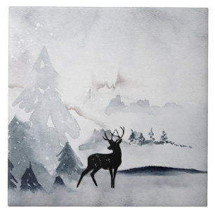 Reindeer in the Wild Grey Watercolor Christmas Tile