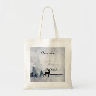 Reindeer in the Wild Grey Watercolor Christmas Tote Bag