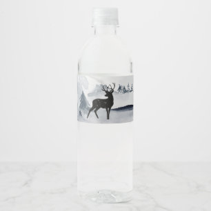 Reindeer in the Wild Grey Watercolor Christmas Water Bottle Label