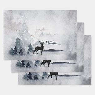 Reindeer in the Wild Grey Watercolor Christmas Wrapping Paper Sheet