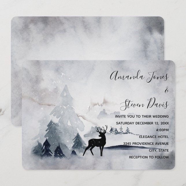 Reindeer in the Wild Grey Watercolor Wedding Invitation (Front/Back)