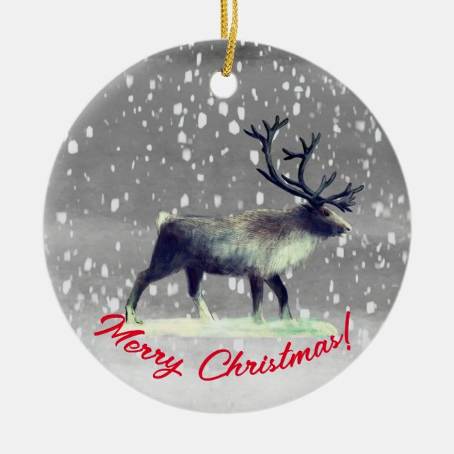 Reindeer in winter day  ceramic tree decoration (Front)