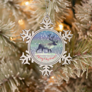 Reindeer in winter day snowflake pewter christmas ornament