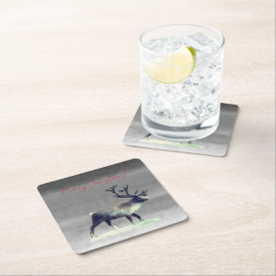 Reindeer in winter day square paper coaster