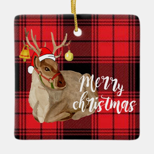 Reindeer Jingle Bell Plaid Merry Christmas Tree Ceramic Ornament (Front)