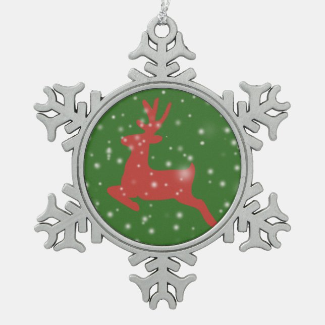 Reindeer Jump Snow Pewter Snowflake Decoration (Front)