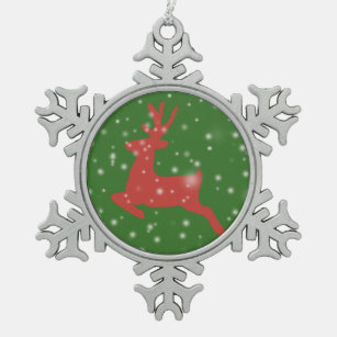 Reindeer Jumping Snow Pewter Snowflake Decoration