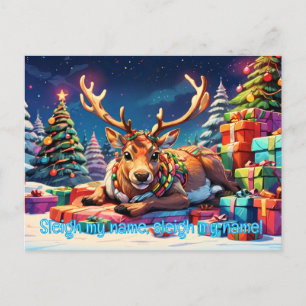 Reindeer laying on present funny christmas  holiday postcard
