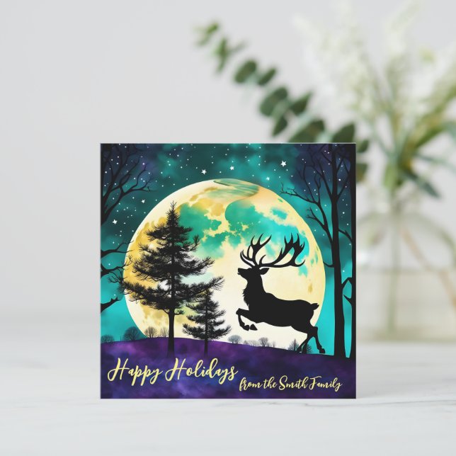 Reindeer Leaping Full moon Holiday*personalise* Holiday Card (Standing Front)