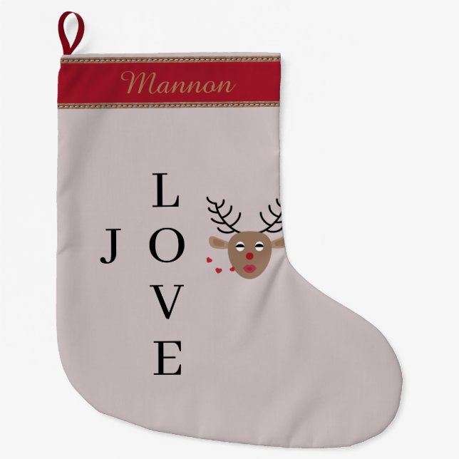 Reindeer Love Joy Kisses Blush Pink Custom Name Large Christmas Stocking (Front)