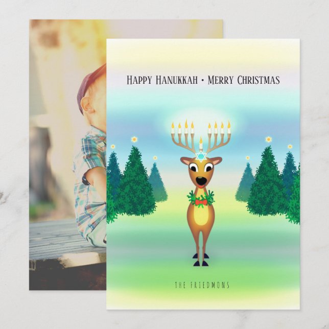 Reindeer Menorah Hanukkah Christmas Photo Card (Front/Back)