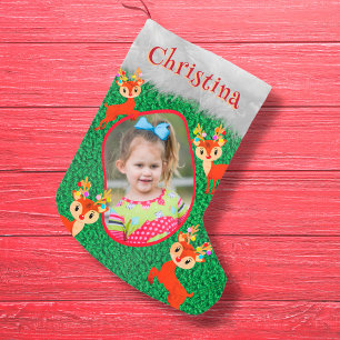 Reindeer Merry Christmas Cute Adorable Photo Name Small Christmas Stocking
