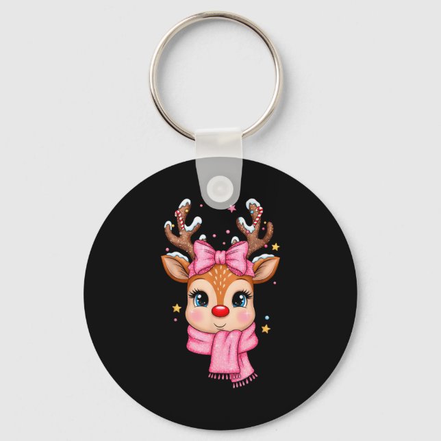Reindeer Merry Christmas Cute Girl Women Kids  Key Ring (Front)